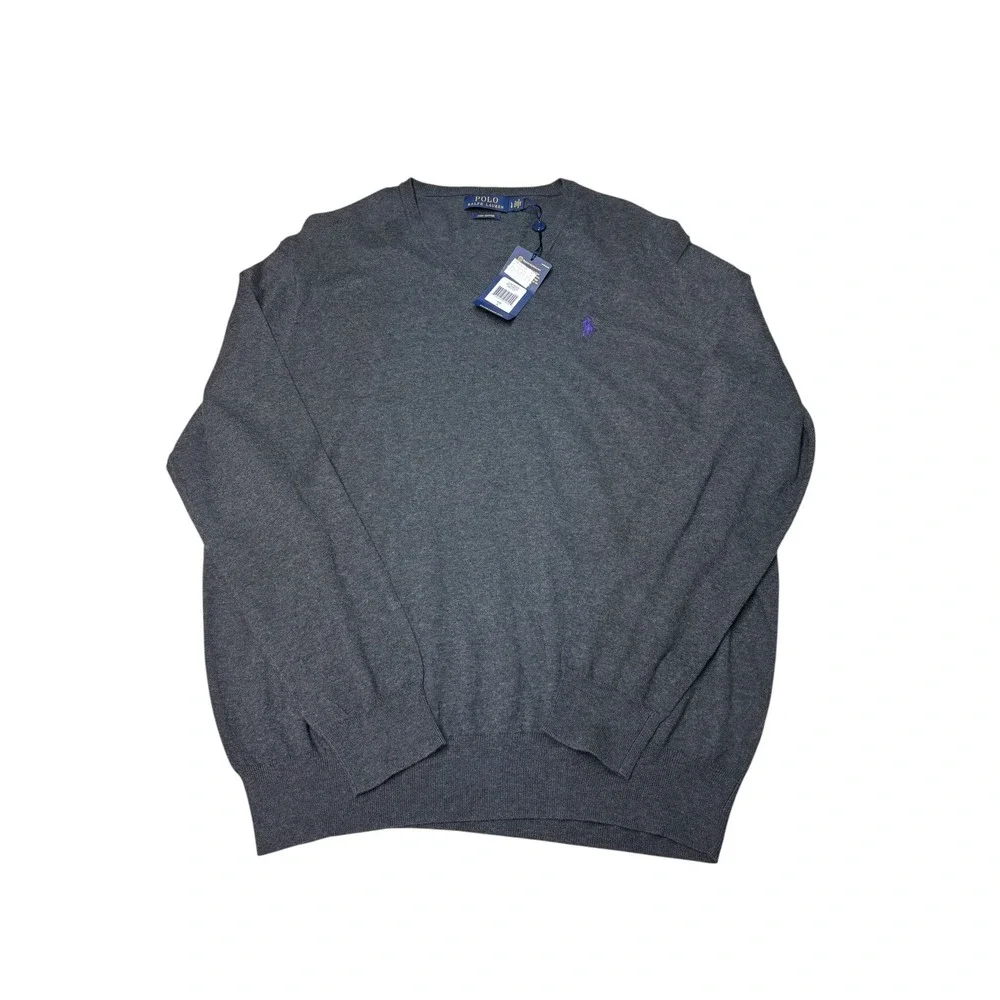 NWT Polo Ralph Lauren Mens‎ Pima Cotton V-Neck Sweater Grey Purple Pony Large